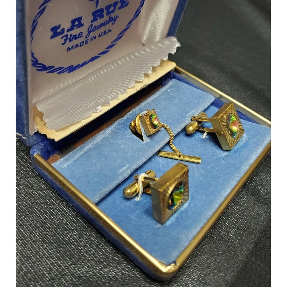Vintage La Rue Gold Tone Green & Pink Rhinestone Cufflinks & Tie Clip Set w/ Box